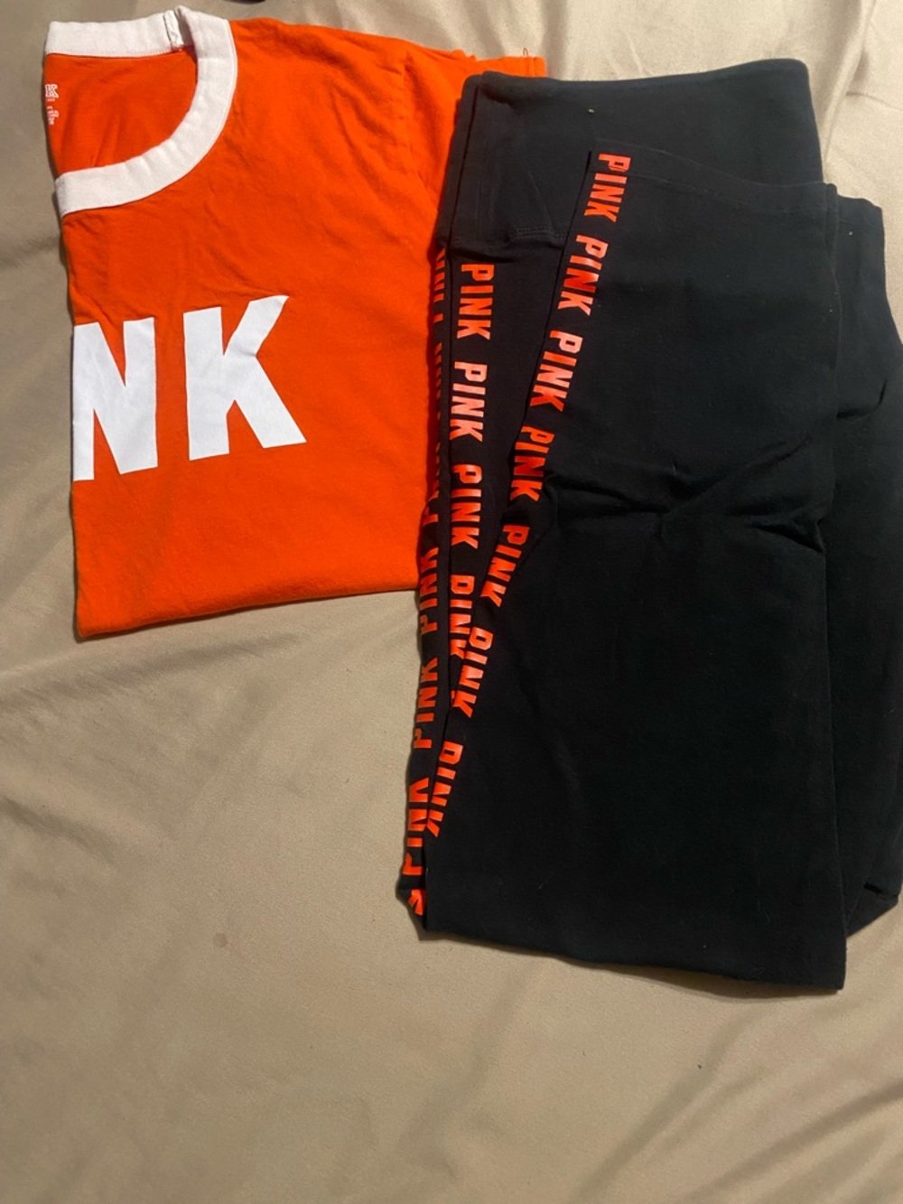 PINK Victoria's Secret Black Leggings with Orange PINK Side Logo